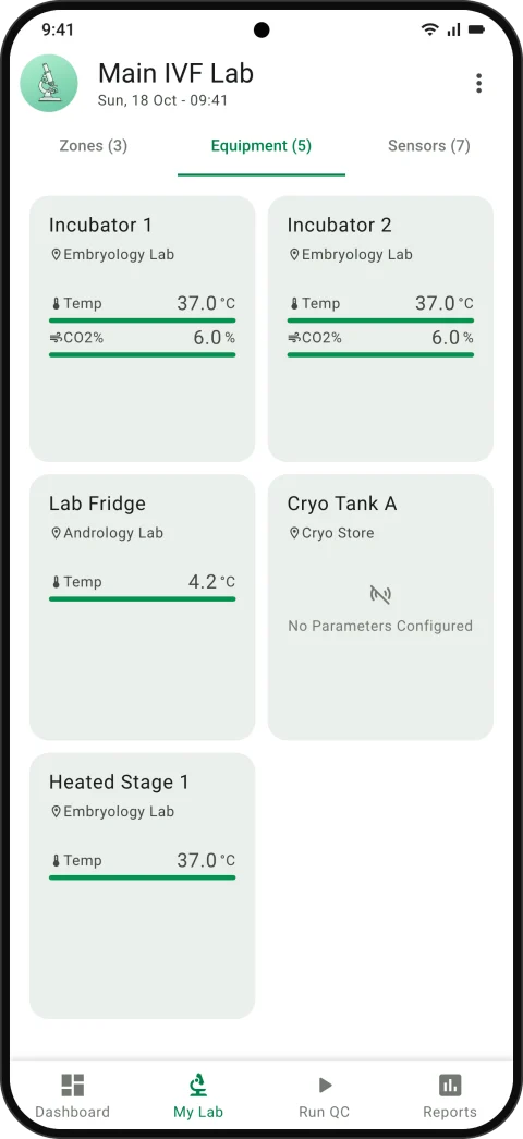 Main IVF Lab equipment screen in the Metrum Genie app