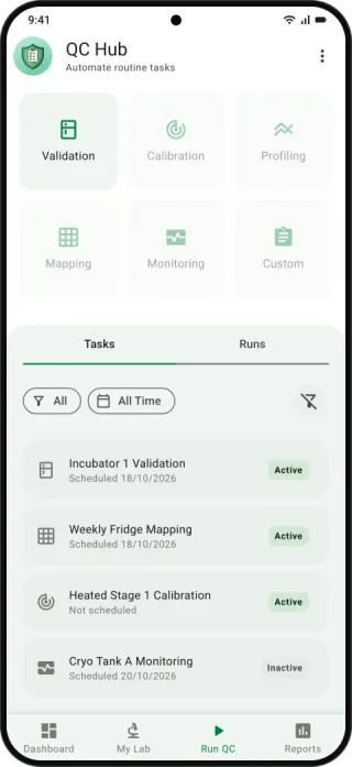QC Hub screen in the Metrum Genie app