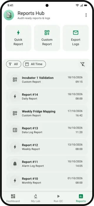 Reports Hub screen in the Metrum Genie app