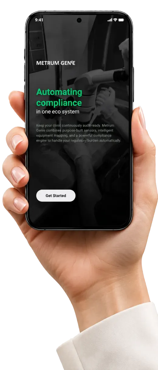 Hand holding a phone with the Metrum Genie app
